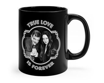 Pins & Bones Morticia Addams Gomez Addams True Love Coffee Mug 11 oz Halloween Decor Ceramic Black Mug