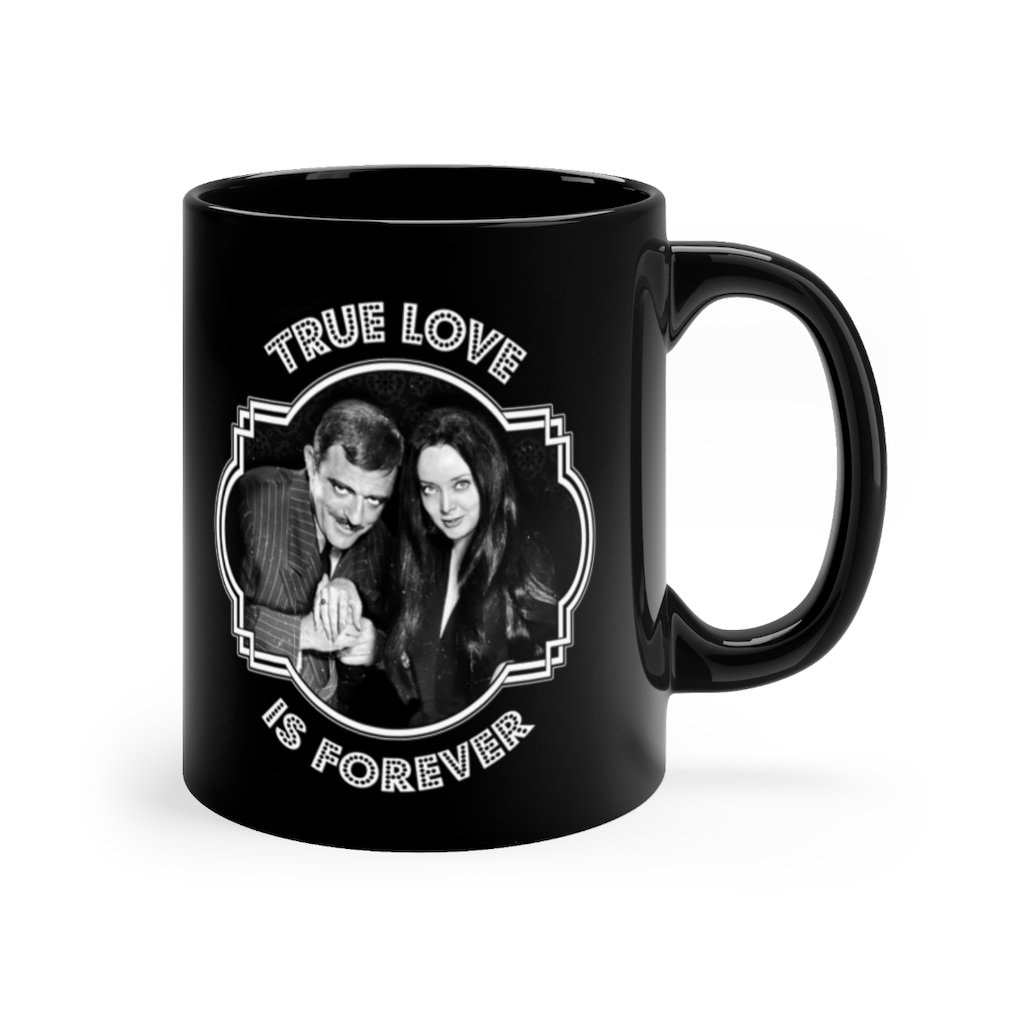 Pins & Bones Morticia Addams Gomez Addams True Love Coffee Mug 11 oz Halloween Decor Ceramic Black Mug