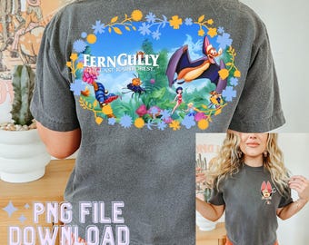May include: A gray t-shirt with a colorful graphic of a bat and characters from the movie FernGully: The Last Rainforest. The graphic is surrounded by flowers and leaves.