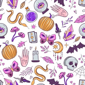 May include: A seamless pattern featuring a variety of mystical and magical elements, including a crystal ball, a snake, a pumpkin, a butterfly, a skull, a candle, a tarot card, a crescent moon, a bat, a hand, and a crystal. The pattern is set against a white background and is perfect for use in a variety of creative projects.
