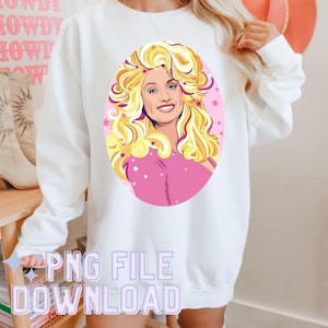 May include: White sweatshirt featuring a graphic of a smiling woman with blonde hair in an oval frame. The frame is pink with white stars. The text "PNG FILE DOWNLOAD" is at the bottom of the image.