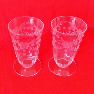 3 OPTIC GRAY FLORAL Etched Footed Juice Glasses Antique Crystal Barware Juice Glass Set