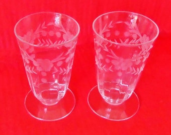 3 OPTIC GRAY FLORAL Etched Footed Juice Glasses Antique Crystal Barware Juice Glass Set