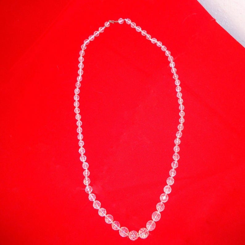 Clear GLASS BEAD NECKLACE 30 Graduated Round Faceted Crystal Beads Antique