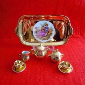 LIMOGE PORCELAINE d&#39; ART Gold Miniature 10 Piece Tea Set with Gold Tray Antique