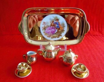 LIMOGE PORCELAINE d' ART Gold Miniature 10 Piece Tea Set with Gold Tray Antique