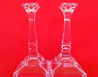 2 CANDELIERI DI CRISTALLO alti con basi quadrate Portacandele di cristallo Art Déco vintage