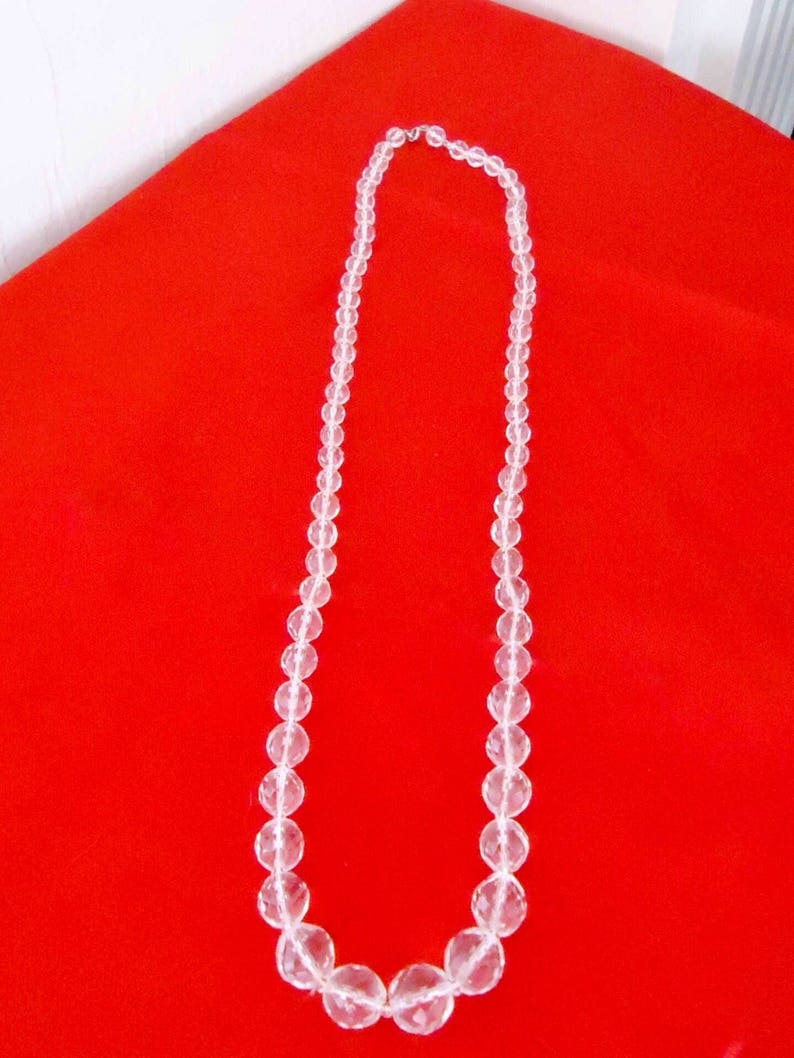 Clear GLASS BEAD NECKLACE 30 Graduated Round Faceted Crystal Beads Antique