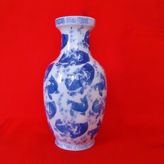 Chinoiserie Koi Fish Vase Hand Painted Blue White Vintage Etsy