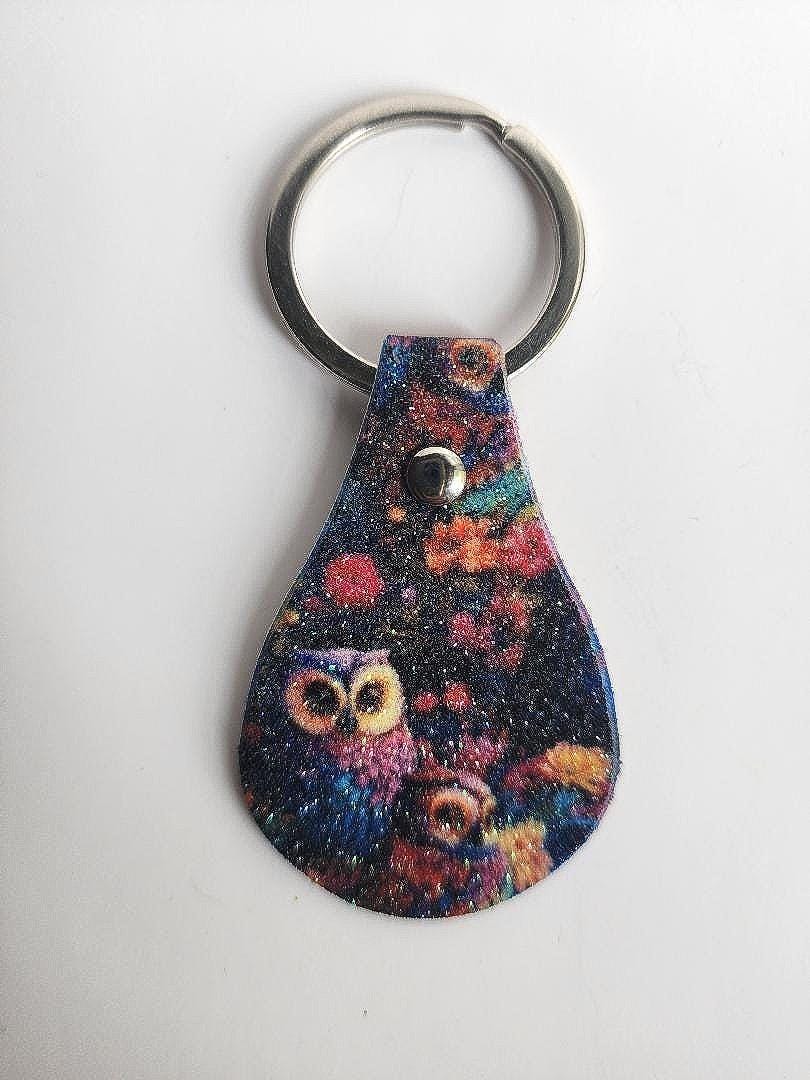 Owls Faux Leather Glitter Keychain Purse Charm