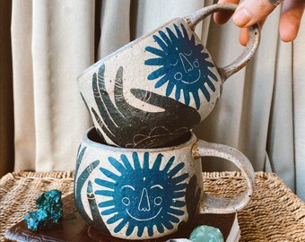 Large handmade ceramic mug,magic ceramic tea or coffee cup, unique hand-crafted pottery mug with sacred sun and moon, all in your hands