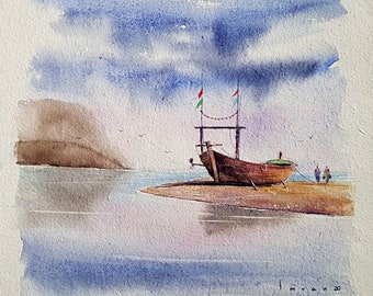 Boat at the Shore, Original Watercolor Painting Prints, you will love.