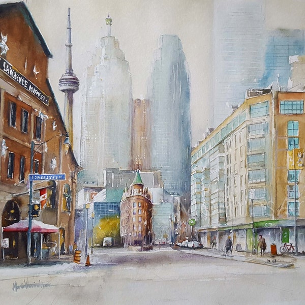 Marché Saint-Laurent, tour CN, bâtiment Flateron, aquarelle de Toronto que vous allez adorer.