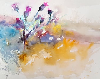 Thistles Flowers Abstract Watercolor Painting Prints, You will Love.