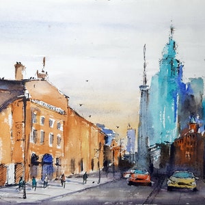 St Lawrence Market, Gooderham Flatiron Building, CN Tower, Jarvis and Front Street Intersection Watercolor Painting Prints.