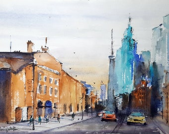 St Lawrence Market, Gooderham Flatiron Building, CN Tower, Jarvis and Front Street Intersection Watercolor Painting Prints.