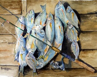 Fishes and sports Fishing Pole, Prints of My Original Painting, You will Love.