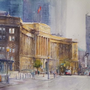 May include: A watercolour painting depicting a city street scene with a tall building in the background. The building has a Canadian flag flying from its top. There are several other buildings in the scene, including a large building with columns. The street is empty except for a few people walking and a red bus.
