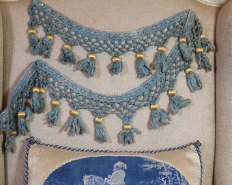 Antique French Tassel Trim Duck Egg Blue Chenille Passementerie