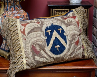 Antique Aubusson Armorial Tapestry Pillow