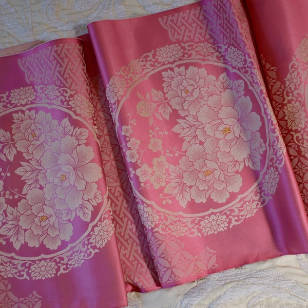 French Lyon Silk  Vintage Fabric Pink Gold Antique Textiles