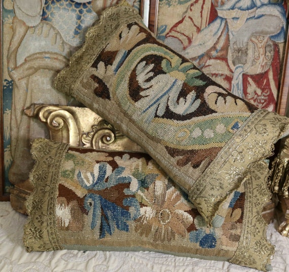 Pair Antique Aubusson Verdure Pillows French Tapestry Cushion Etsy