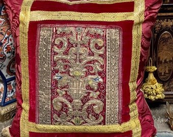 Antique Pillow  Renaissance Embroidery Panel