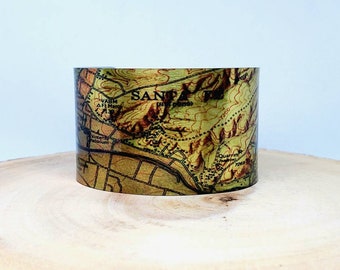 Santa Fe New Mexico Map Cuff Bracelet. Vintage map print. Unique jewelry gift for her or him by Enliven Natural.