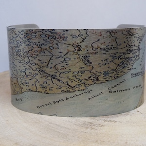 Kvichak River Alaska Map Cuff Bracelet. Vintage print map cuff, unique design gift for her or him by Enliven Natural.