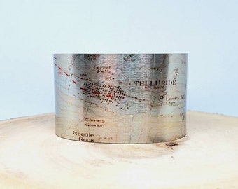 Telluride Colorado Map Cuff Bracelet. Vintage map print, unique gift idea for her or him by Enliven Natural