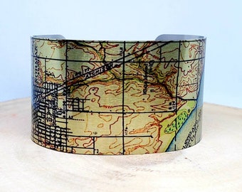 Norman Oklahoma Map Cuff Bracelet. Vintage print map. Unique design gift for him or her by Enliven Natural