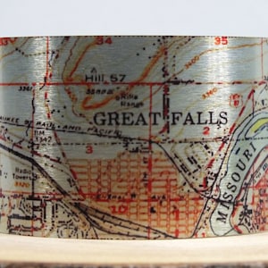 Great Falls Montana Map Cuff Bracelet. Vintage map print. Unique gift for her or him by Enliven Natural