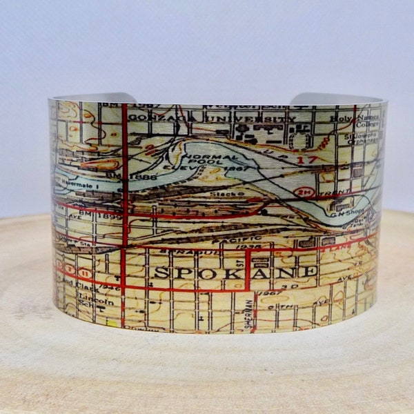 Spokane Washington Map Cuff Bracelet. Vintage print map cuff, unique design gift for her or him by Enliven Natural.