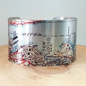 New London Connecticut Map Cuff Bracelet. Unique map print, gift idea for her or him by Enliven Natural