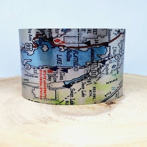 Flathead Lake Montana map cuff bracelet. Vintage map print, unique gift idea for her or him by Enliven Natural