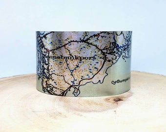 Kennebunkport Maine map cuff bracelet. Vintage map print, unique gift idea for her or him by Enliven Natural
