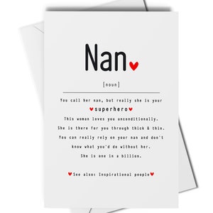 Carte de définition Nan, carte Nan pour toutes les occasions, carte d'anniversaire Nan affectueuse, carte Nan sentimentale, appréciation Nan, souvenir Nan, Nan de la mariée