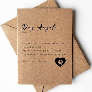Carte de définition d'ange de chien, perte de chien, chien avec carte de sympathie, perte d'animal de compagnie, carte de souvenir de chien, carte de mémoire de chien, carte de deuil de chien