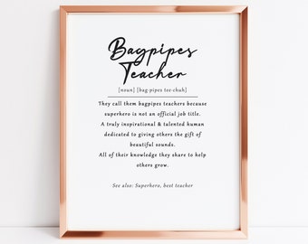Impresión artística con la definición de profesor de gaitas, regalo para profesor de gaitas, regalo para profesor de música, regalo para profesor de música escocesa, impresión artística con la definición de gaitas
