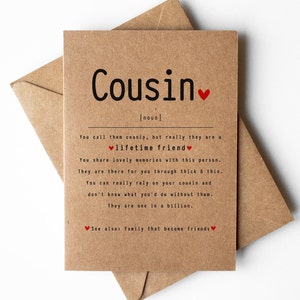 Carte de voeux de définition de cousin, carte de cousin pour toute occasion, appréciation de cousin, souvenir de cousin, carte d'anniversaire de cousin, carte de Noël de cousin