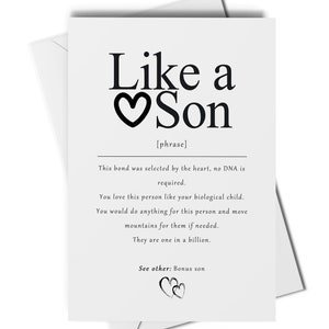 Tarjeta con la definición de “Como un hijo”, tarjeta adicional para un hijo, tarjeta para un yerno, tarjeta para “Te amo como un hijo”, futuro hijo, hijo adoptivo, yerno el día de la boda