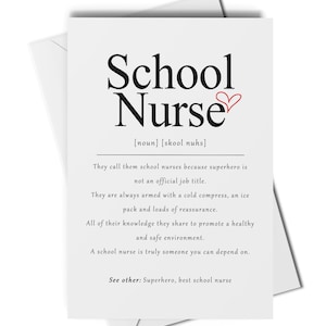 Tarjeta de definición de enfermera escolar o impresión de arte, regalo para enfermera escolar, regalo de agradecimiento de enfermera escolar, tarjeta para enfermera escolar, regalos de fin de trimestre