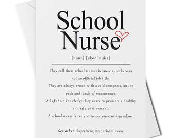 School nurse definition card or art print, gift for school nurse, thank you school nurse gift, card for school nurse, end of term gifts