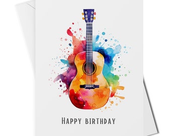 Guitar birthday card, colourful guitar card, guitar players card, guitar lovers card, musicians birthday card, acoustic guitar birthday card