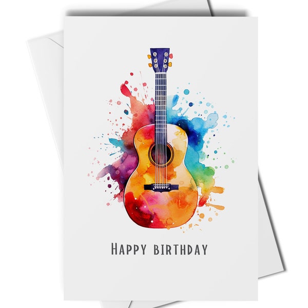 Guitar birthday card, colourful guitar card, guitar players card, guitar lovers card, musicians birthday card, acoustic guitar birthday card