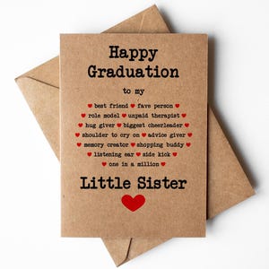 Tarjeta de graduación para hermana pequeña, felicitaciones hermana por la tarjeta de graduación, tarjeta de graduación de la escuela secundaria hermana, hermana graduada de la universidad
