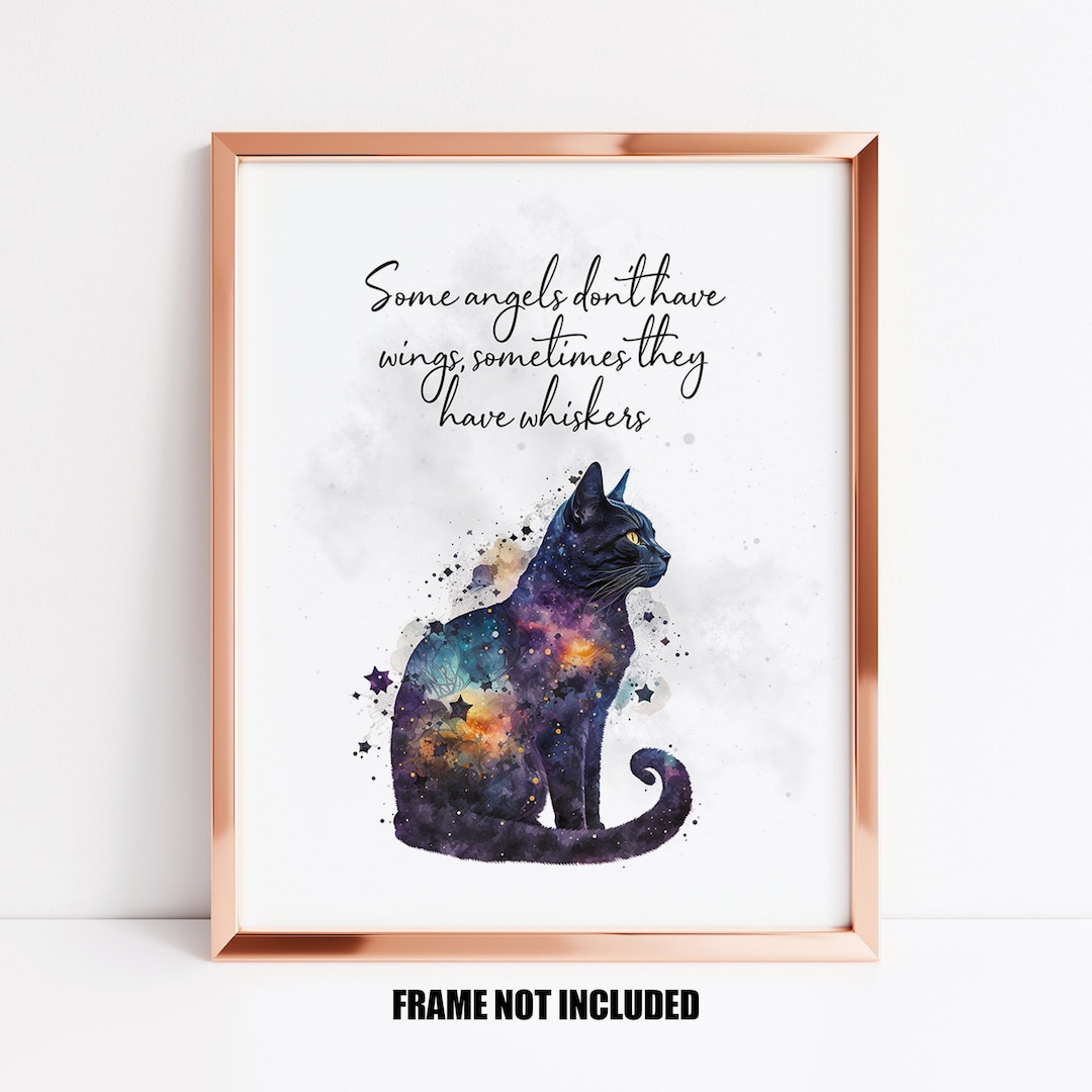 Targa In Metallo Vintage Con Gatto Nero E Scritta In Inglese: "Angels Don't Always Have Wings Sometimes They Have Whiskers" 20x30 Cm