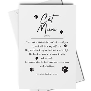 Cat mum definition card, card for mum from the cat, mothers day card from the cat, birthday card to mum from the cat, best cat mum ever!