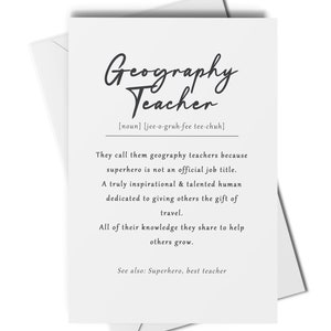Carte de définition de professeur de géographie, carte de remerciement de professeur de géographie, cadeau de professeur de géographie, carte de promotion d'enseignant, carte de départ d'enseignant