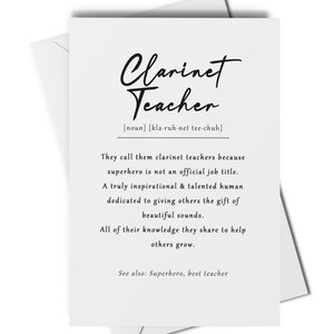 Carte de définition de professeur de clarinette, carte de remerciement de professeur de clarinette, carte de professeur de musique, définition de clarinette, définition de professeur, cadeau clarinette